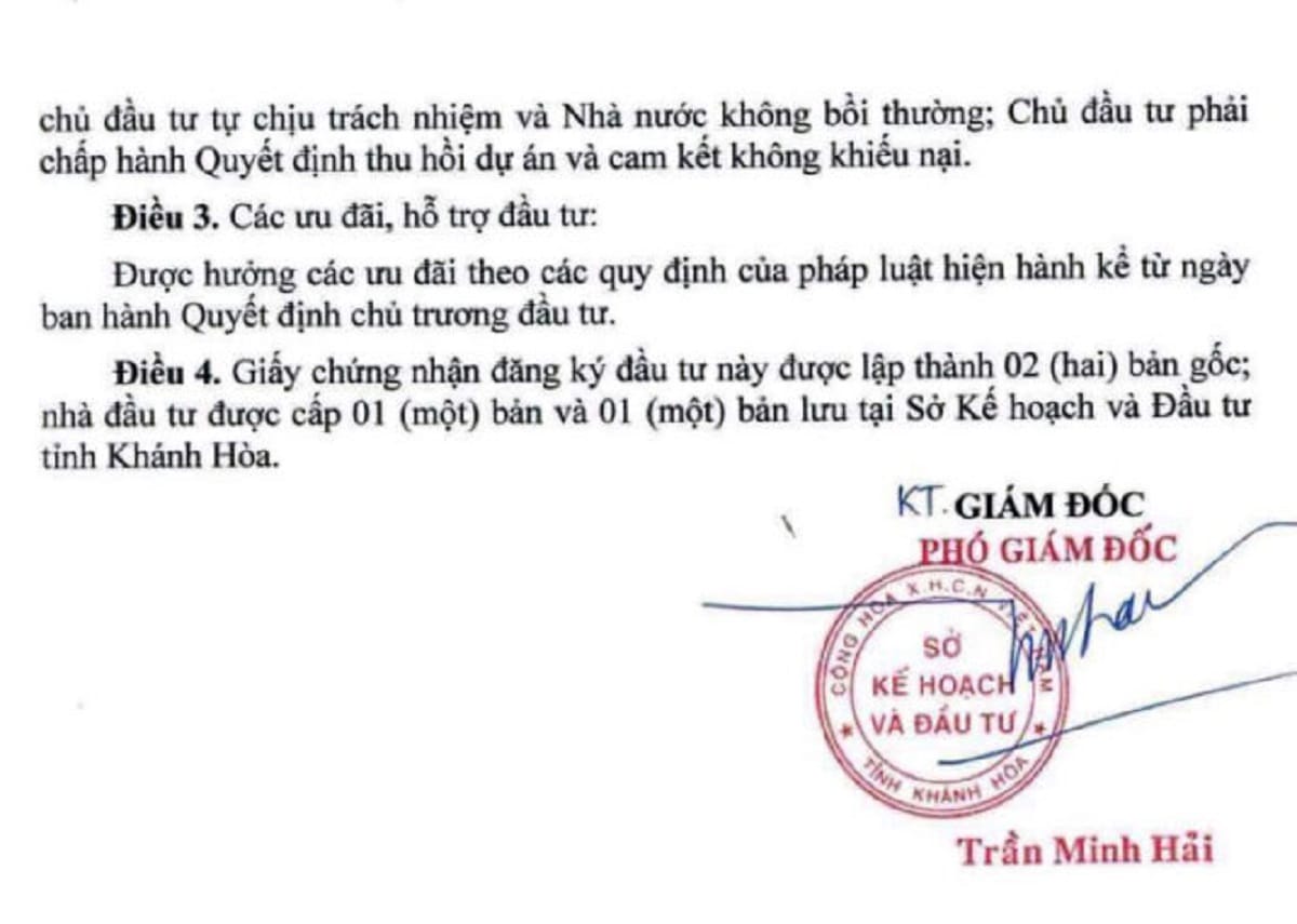 Chứng nhận đăng ký đầu tư của chủ dự án Caraworld Cam Ranh